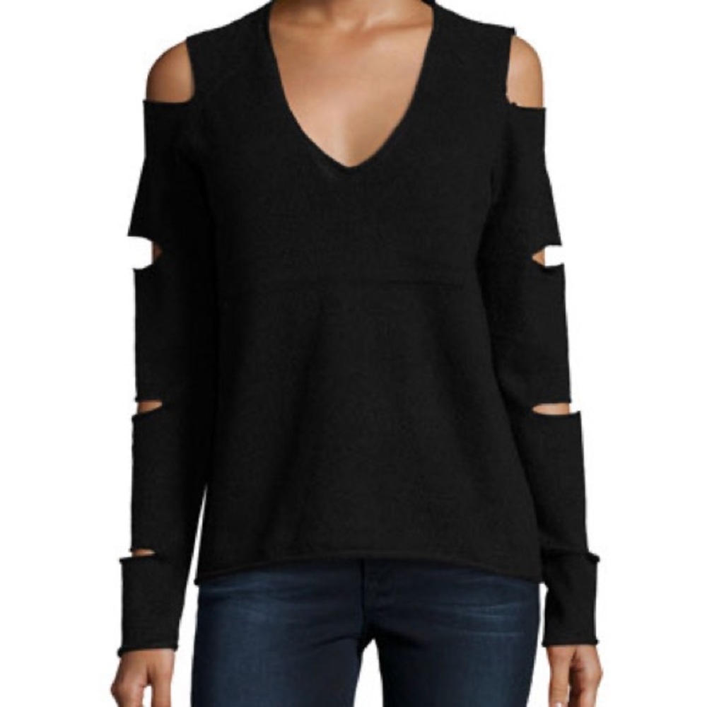 360SWEATER Scull Cashmere Black V-neck Sweater Cut-Outs Sleeves Size Medium